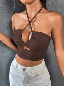 VaVaBold Women's Halter Neck Cutout Crop Top - Brown - View 4