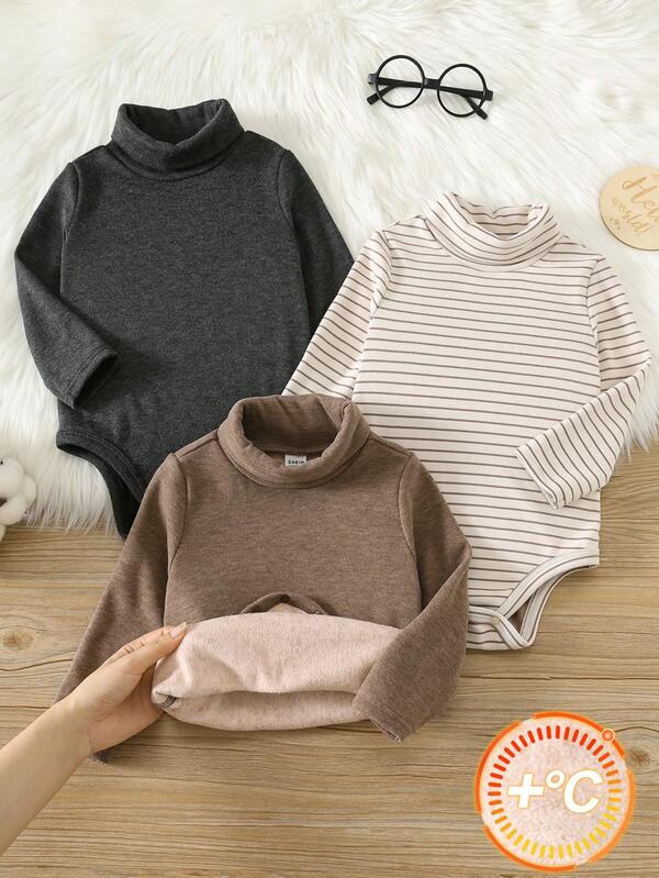SHEIN Unisex body dla noworodka i malucha, 3 szt., jesień/zima, termiczne, podszyte, pogrubione, casualowe, urocze, jednolite, z wysokim kołnierzem, zimowe body dla dziecka, świąteczne