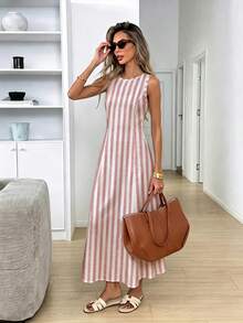 SHEIN LUNE 女款休閒無袖圓領洋裝，適合夏季日常穿著，收腰優雅長洋裝，適合夏季休閒出遊 - 彩色 - 查看 5