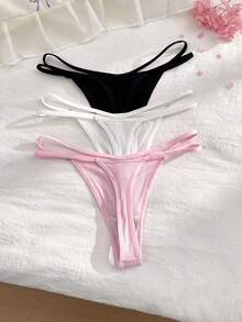 SHEIN 3pcs Ribbed Soft Comfortable Double Thin Strap Plus Size Thong Set - Multicolor - View 2