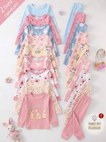 SHEIN 女嬰花卉圖案針織軟綿圓領長袖上衣彈性腰長褲貼身4件套，秋冬款 - 彩色 - 查看 7