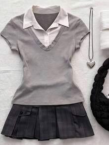 Teen Girl Teen Girls Knit Grey And White Colorblock Polo Collar Casual T-Shirt - Grey - View 1