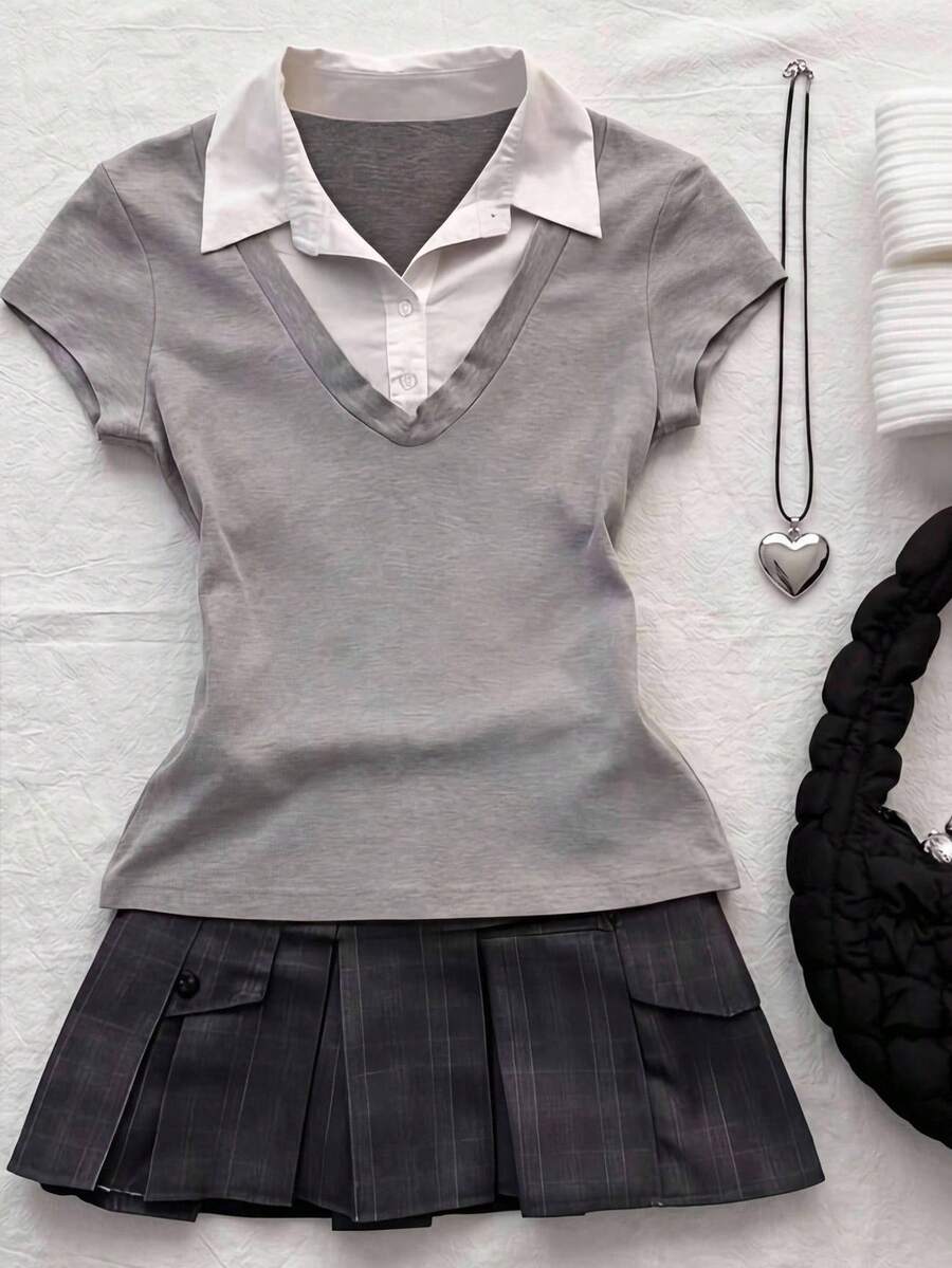 Teen Girl Teen Girls Knit Grey And White Colorblock Polo Collar Casual T-Shirt - Grey - View 1