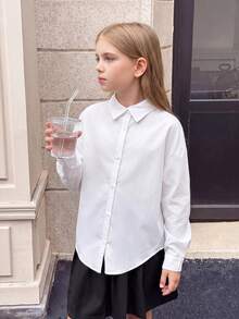 SHEIN Serisse Kids Tween 女童休闲时尚百搭纯色梭织翻领前开后开衩宽松落肩长袖白色衬衫，返校日穿 - 白色 - 查看 10