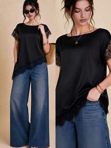 Selenza Damen Satin Design Spitze Besatz Pullover Asymmetrisch Kurzarm Asymmetrische Spitze Patchwork Lässig Minimalistisch Locker Pendeln Schwarz Hemd T-Shirt Sommer Neu - Schwarz - Übersicht 1
