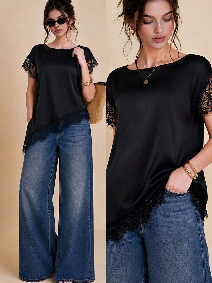 Selenza Damen Satin Design Spitze Besatz Pullover Asymmetrisch Kurzarm Asymmetrische Spitze Patchwork Lässig Minimalistisch Locker Pendeln Schwarz Hemd T-Shirt Sommer Neu - Schwarz - Übersicht 1