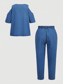 Breezaya Plus Size Women's Round Neck Top And Long Pants Casual Daily Denim Two Pieces Set - Blue - View 6