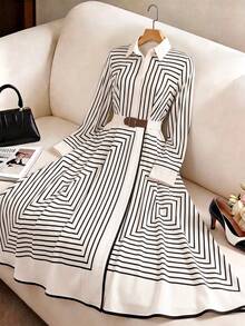 SHEIN Franclia Gaun Lengan Panjang Bergaris Elegan untuk Wanita - Aprikot - View 5