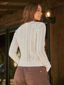 WESTFADE Button Front Long Sleeve Pointelle Knit Cardigan Sweater, Winter, Fall, Autumn, Cowgirl, Female Country Look, Back To School, Western, Rodeo, Cute Top - Beige - View 6