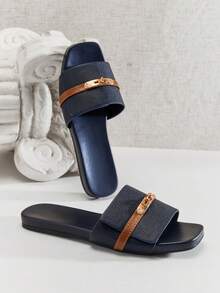 SHUZIA Women's Elegant Gold Lock Decor Square Toe Slip-On Flat Sandals Summer Shoes - Navy Blue - View 1