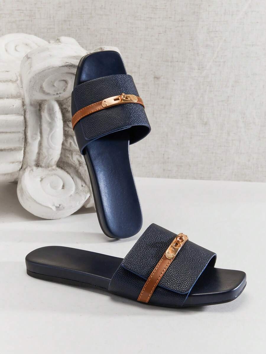 SHUZIA Women's Elegant Gold Lock Decor Square Toe Slip-On Flat Sandals Summer Shoes - Navy Blue - View 1