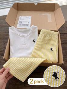 SHEIN 2pcs Infant Girl Summer White Short Sleeve T-Shirt & Apricot Striped Pants Set Cute Family Matching Minimalist Street Style Embroidered Outfits - Yellow - View 3