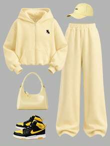 Tween Girls Cream Yellow Front Zipper Hoodie With Embroidered & Sweatpants Tracksuit 2Pcs Set - Yellow - View 2