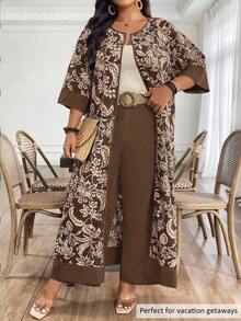 EMERY ROSE Conjunto de 2 piezas de talla grande para mujer con estampado tejido para vacaciones - Marrón - Ver 4