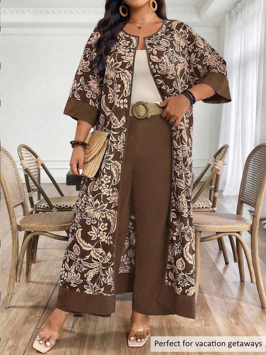 EMERY ROSE Plus-Size Ladies' Woven Printed Holiday Routine 2 Pieces Set Fall - Brown - View 1