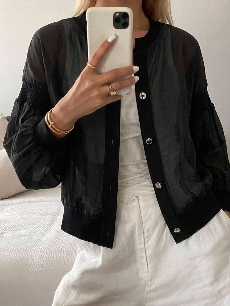 FRIFUL Women's Spring/Summer Solid Color Metal Button Decor Loose Casual Versatile Jacket - Black - View 1