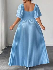 SHEIN CURVE+ Plus Size Blue Ruffled Petal Sleeve Pleated Hem Midi Dress, Suitable For Spring, Summer, Autumn - Blue - View 2