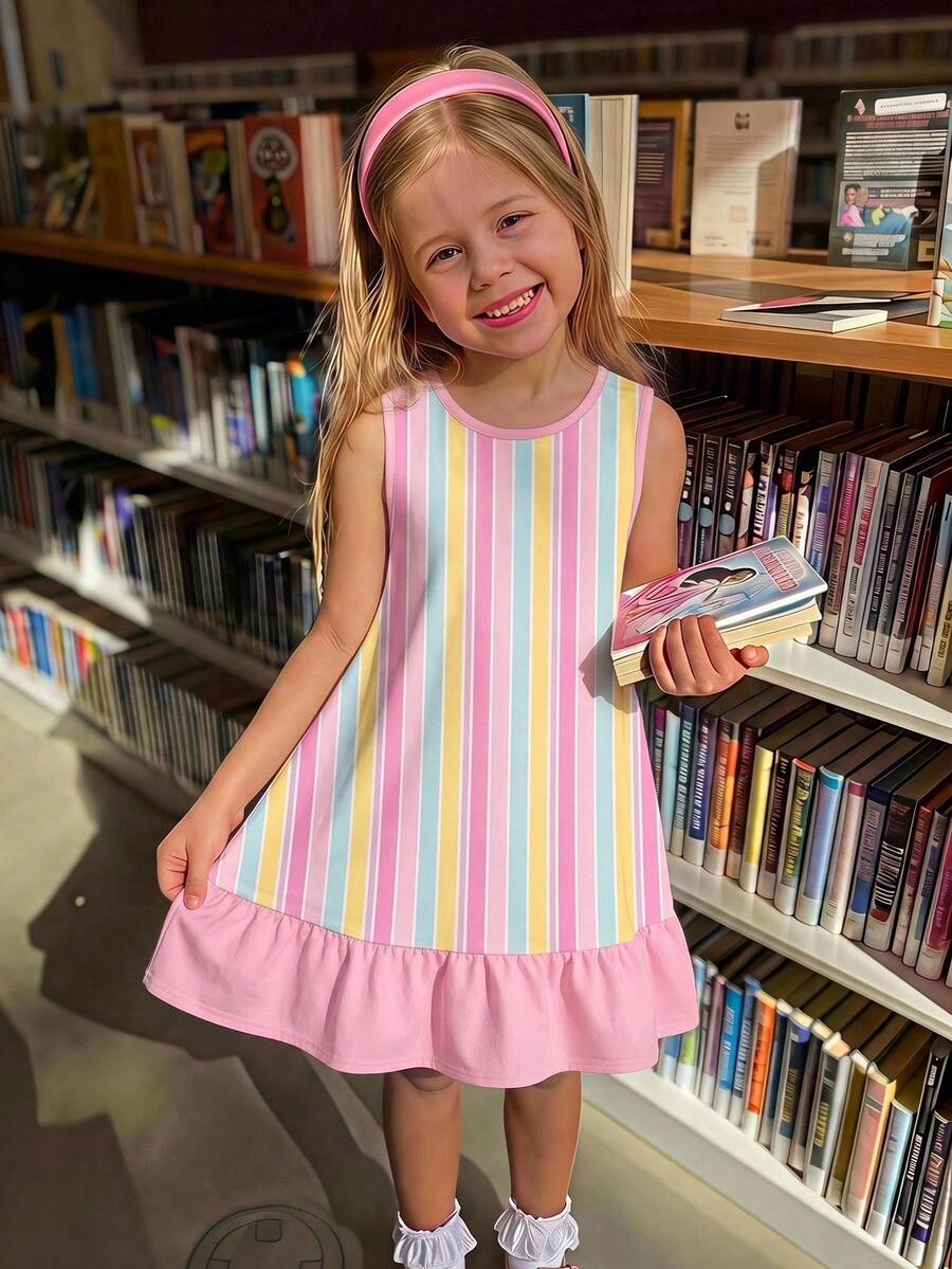 Emery Rose Kids 女童圓領條紋休閒日常夏季旅行洋裝