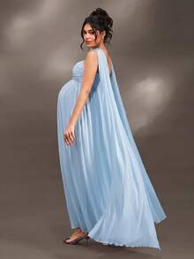 Cheriluna Maternity 聖誕派對拍照禮服 優雅性感 Baby Shower 孕婦裝 壓褶設計 純色露肩無袖套裝 淺藍色 秋季 - 淺藍色 - 查看 8