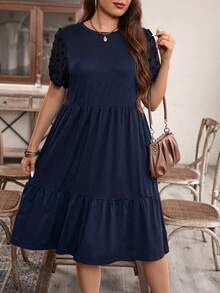 EMERY ROSE Plus Size Solid Color Round Neck Short Sleeve Ruffled Simple Casual Short Dress, For Summer - Navy Blue - View 4