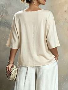 Linhara CURVE Plus Size Women's Solid Color V-Neck Short Sleeve Tie Hem Casual Baggy Shirt Formal Vacation White Summer - Apricot - View 2