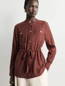 Aalyst Women's Button Half-Placket Long Sleeve Waist Tie Casual Shirt - Brown - View 2