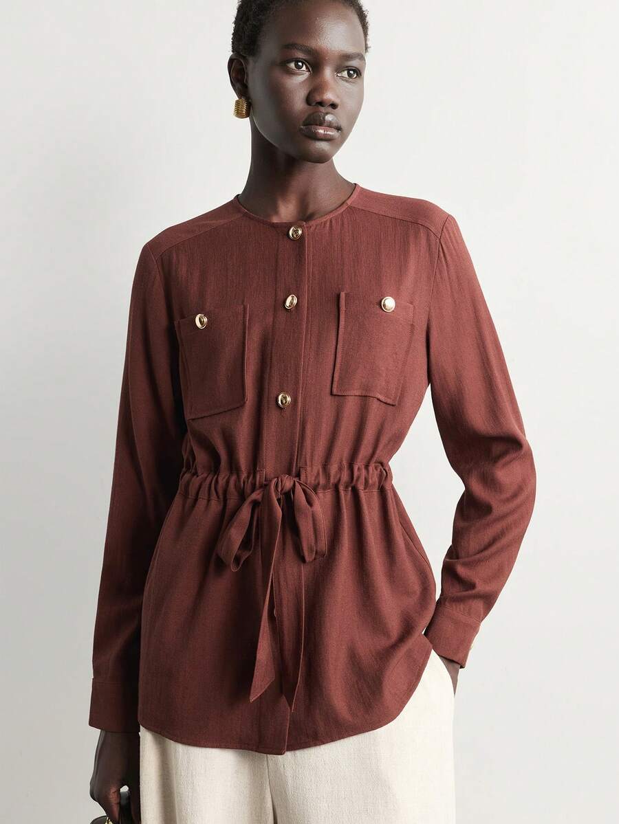 Aalyst Women's Button Half-Placket Long Sleeve Waist Tie Casual Shirt
