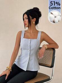 SHEIN Women's Spring/Summer New Blue & White Striped Pure Cotton Sleeveless Square Neck Slim Fit Single-Breasted Casual Top, Commute Daily Versatile Elegant Style, Minimalist European & American Style Camisole - Blue and White - View 5