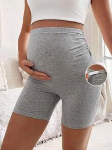 SHEIN Maternity Solid Color Adjustable Waistband Fitted Ruched Shorts - Light Grey - View 1