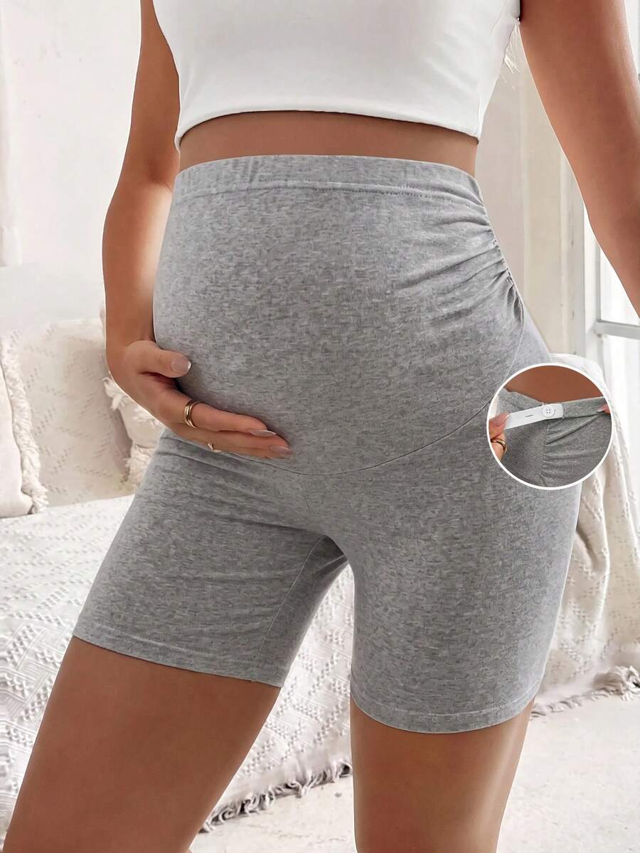 SHEIN Maternity Solid Color Adjustable Waistband Fitted Ruched Shorts - Light Grey - View 1
