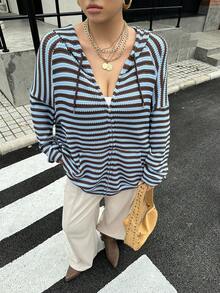 Muchica 大尺碼女款條紋拼色抽繩連帽休閒日常長袖衛衣 - 彩色 - 查看 4
