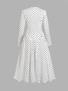 SHEIN Tween女孩波點印花立領長袖優雅高質感針織洋裝，黑白波點派對秋季洋裝 - 黑與白 - 查看 3
