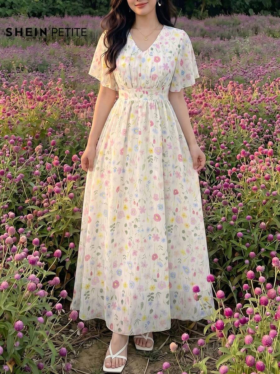 Celisse Petite 花卉印花雪紡V領收腰A字裙優雅甜美度假洋裝,適合女性與嬌小女性 - 彩色 - 查看 1