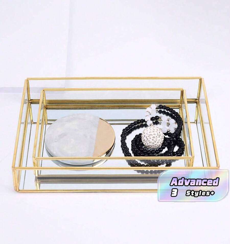 Rectangular Glass Tray, Cosmetics Tray, Jewelry Tray, Gold 1PC - Gold - View 1