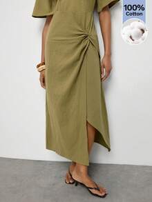 Maija Olive Green V-Neck Fitted Waist Slim Fit Long Dress Twisted Asymmetric Hem Summer Urban French Casual Elegant Women Festival Beach Vacation Brunch - Army Green - View 6