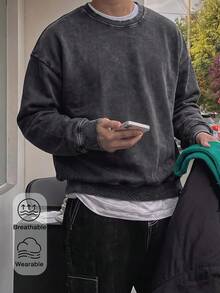 SWAVVY 男士春秋休閒寬鬆版標準尺寸套頭運動衫，圓領，黑色，雪洗素色 - 黑色 - 查看 1
