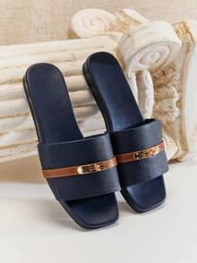 SHUZIA Women's Elegant Gold Lock Decor Square Toe Slip-On Flat Sandals Summer Shoes - Navy Blue - View 7