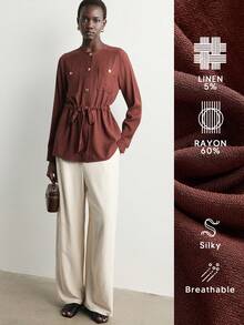 Aalyst Women's Button Half-Placket Long Sleeve Waist Tie Casual Shirt - Brown - View 3
