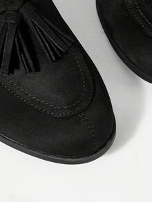 Mnmlis Autumn And Winter Commuting Fringed Loafers Round Toe Low Heel Retro Fall Shoes - Fleece black - View 4