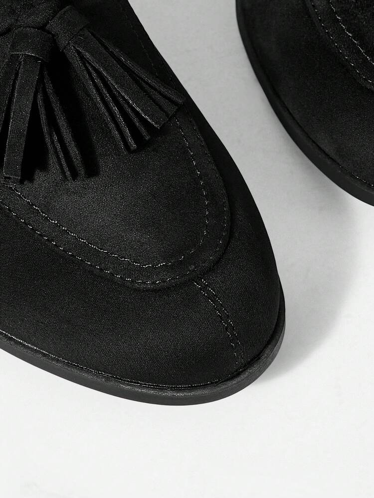 Mnmlis Autumn And Winter Commuting Fringed Loafers Round Toe Low Heel Retro Fall Shoes - Fleece black - View 4