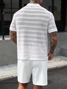 Manfinity CasualCool 男士條紋拼接配色短袖 Polo 衫與短褲休閒日常套裝 - 白色 - 查看 2