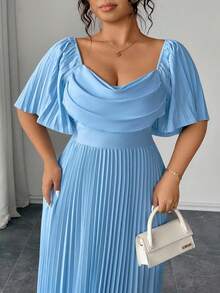 SHEIN CURVE+ Plus Size Blue Ruffled Petal Sleeve Pleated Hem Midi Dress, Suitable For Spring, Summer, Autumn - Blue - View 6