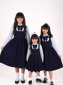 SHEIN 青少年女孩條紋拼接蝴蝶結裝飾 2合1連身裙 - 藏蓝色 - 查看 12