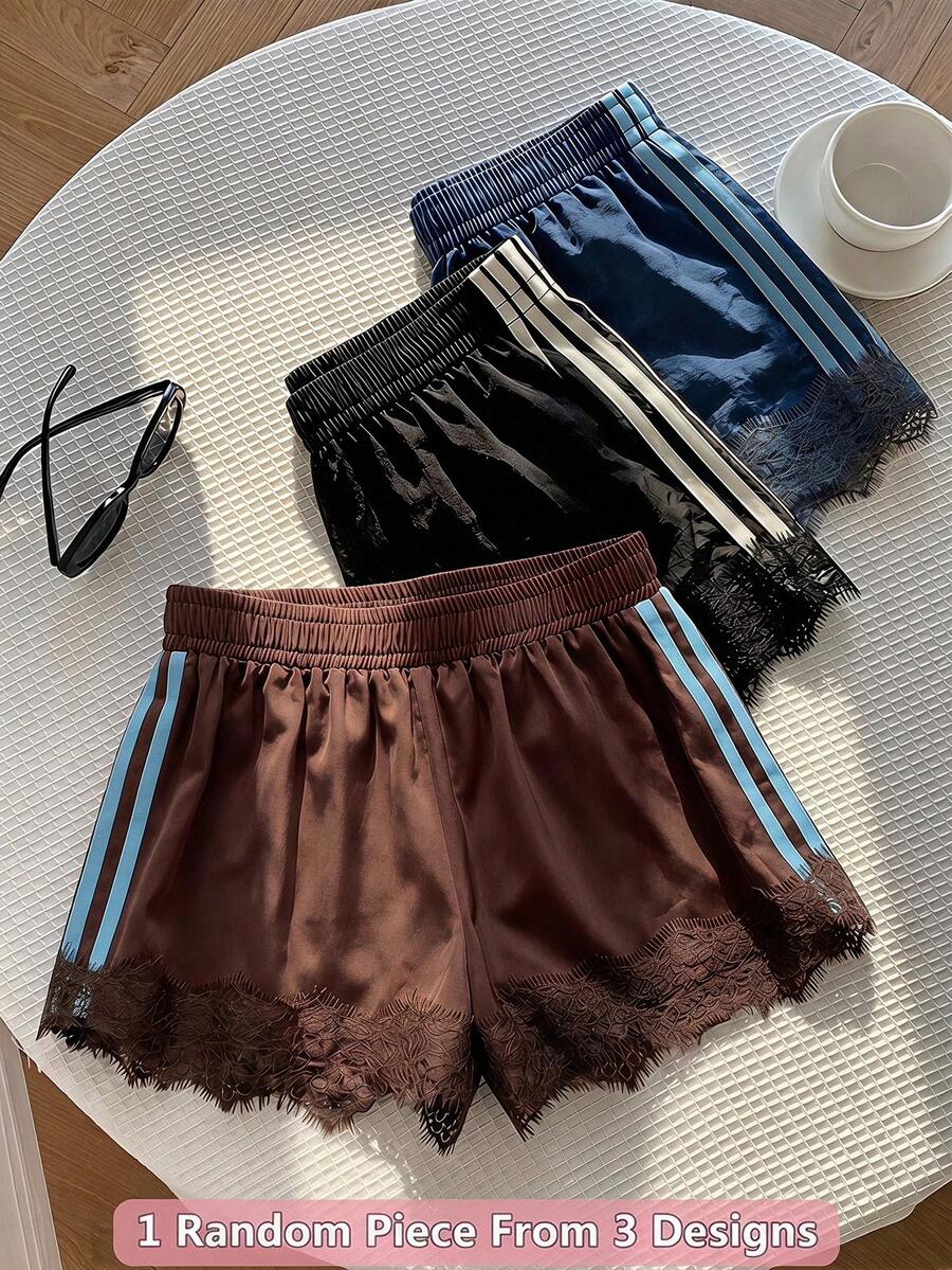 SHEIN 青少年女孩蕾絲拼接配色休閒百搭日常穿著短褲 - 棕色 - 查看 1