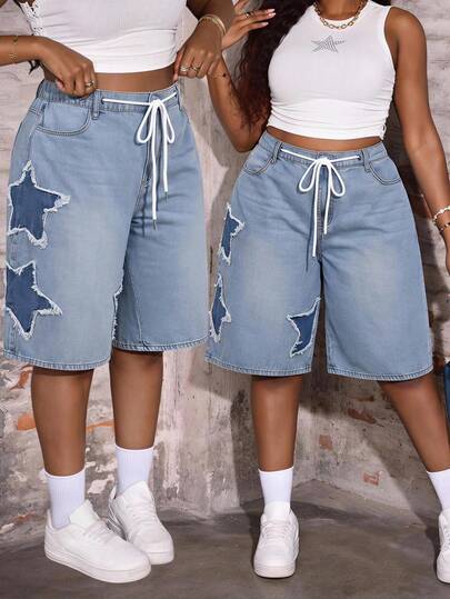 Slaydiva 牛仔女郎套裝 大尺碼女款夏季藍色無彈力星星刺繡修身七分褲