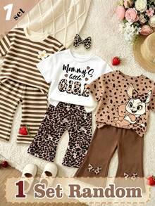 (Random 3 Sets,Send 1 Set)Baby Girl Leopard Print Letter Heart Bow Rabbit Flower Stripe Pattern Basic Daily Short T-Shirt & Flared Pants 2-Piece Set, All Season Wear - Multicolor - View 3