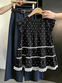 SHEIN Franclia V領百褶蕾絲拼接波浪袖黑白波點女款上衣 無袖上衣 夏季早午餐茶會復古優雅 - 黑色 - 查看 2