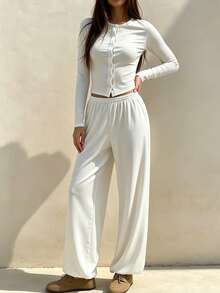 Cévolie Women's Solid Color Long Sleeve Top And Pants Casual Daily 2 Pieces Set - White - View 3