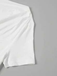 SHEIN Clasi 女款素色不對稱領短袖抓皺修身時尚T恤 - 彩色 - 查看 3
