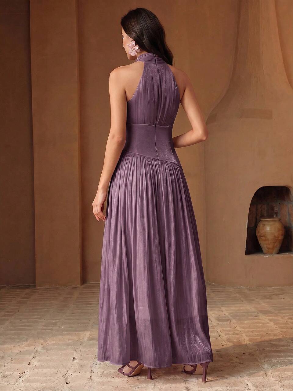 New Women's Sleeveless Criss-Cross Halter Neck Cinched Waist Skirt With Diamond Chain Decor Shiny Glossy Purple Dress For Vacation And Holiday Wear